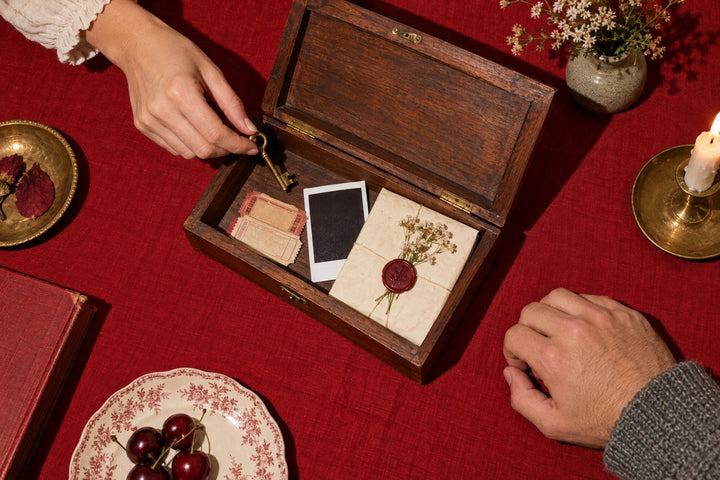 Anniversaire de rencontre : vue de dessus d'une boîte à souvenirs, billets et lettre scellée sur une nappe cramoisie