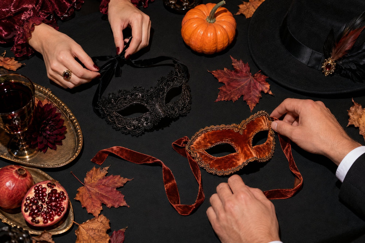 Costume Halloween couple : deux paires de mains nouent des masques en dentelle et en velours sur une table noire