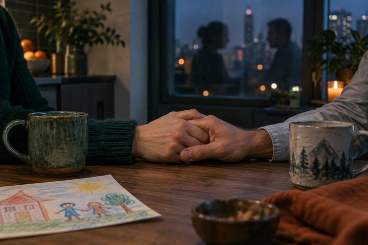 Encore amoureux après des années : deux mains jointes sur une table de cuisine le soir, entre deux tasses et un dessin d'enfant