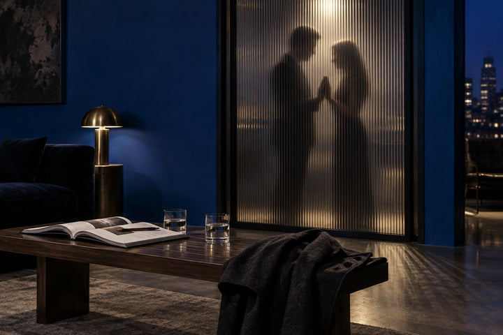 Esther Perel et le désir dans le couple : deux silhouettes de profil derrière une vitre cannelée, mur bleu cobalt
