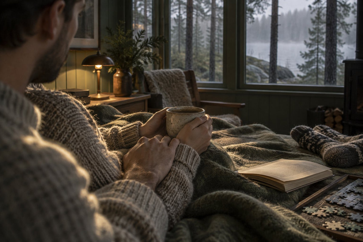 Hygge à deux : mains d'un couple autour d'une tasse en céramique sur un plaid en laine, cabane en forêt dans la brume