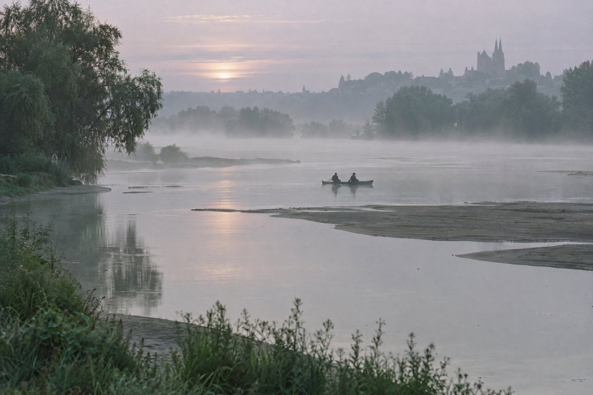 Love room à Angers : couple en canoë sur la Loire dans la brume de l'aube