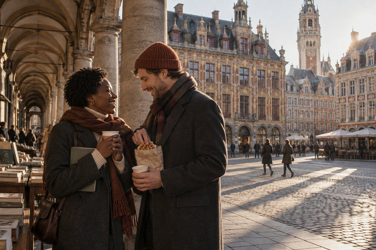 Love room à Lille : couple partageant une gaufre sous les arcades de la Vieille Bourse, face à la Grand Place un matin d'hiver