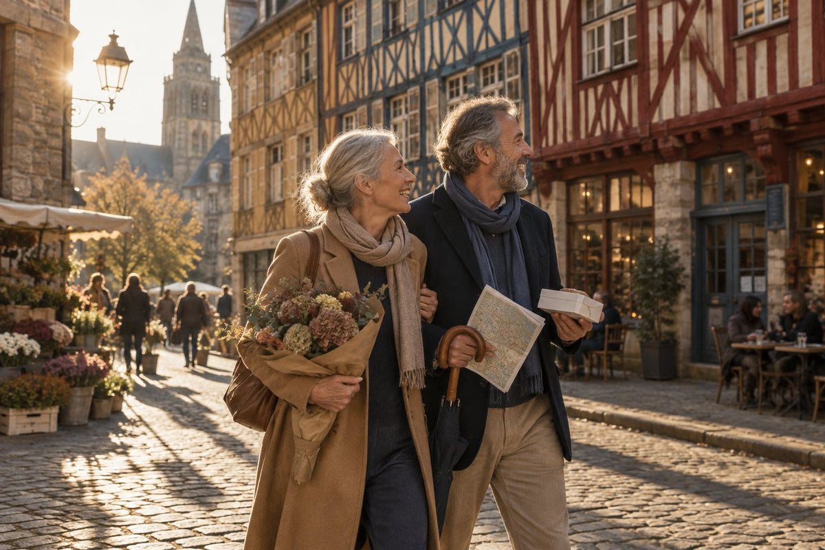 Love room à Rennes : couple de quinquagénaires devant les maisons à pans de bois du centre historique, lumière d'automne
