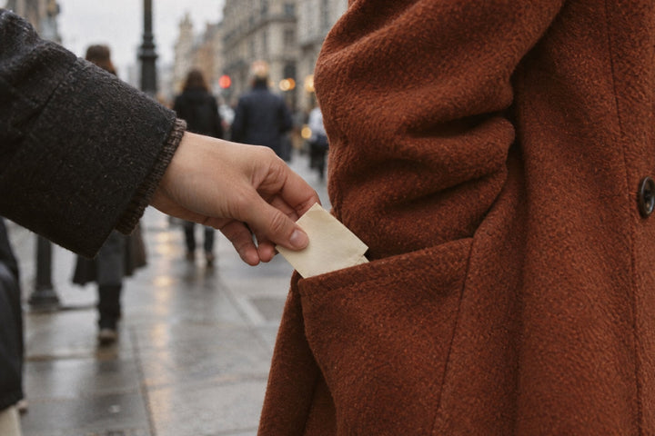 Mots d'amour : une main glisse un petit billet plié dans la poche d'un manteau terracotta, dans une rue animée