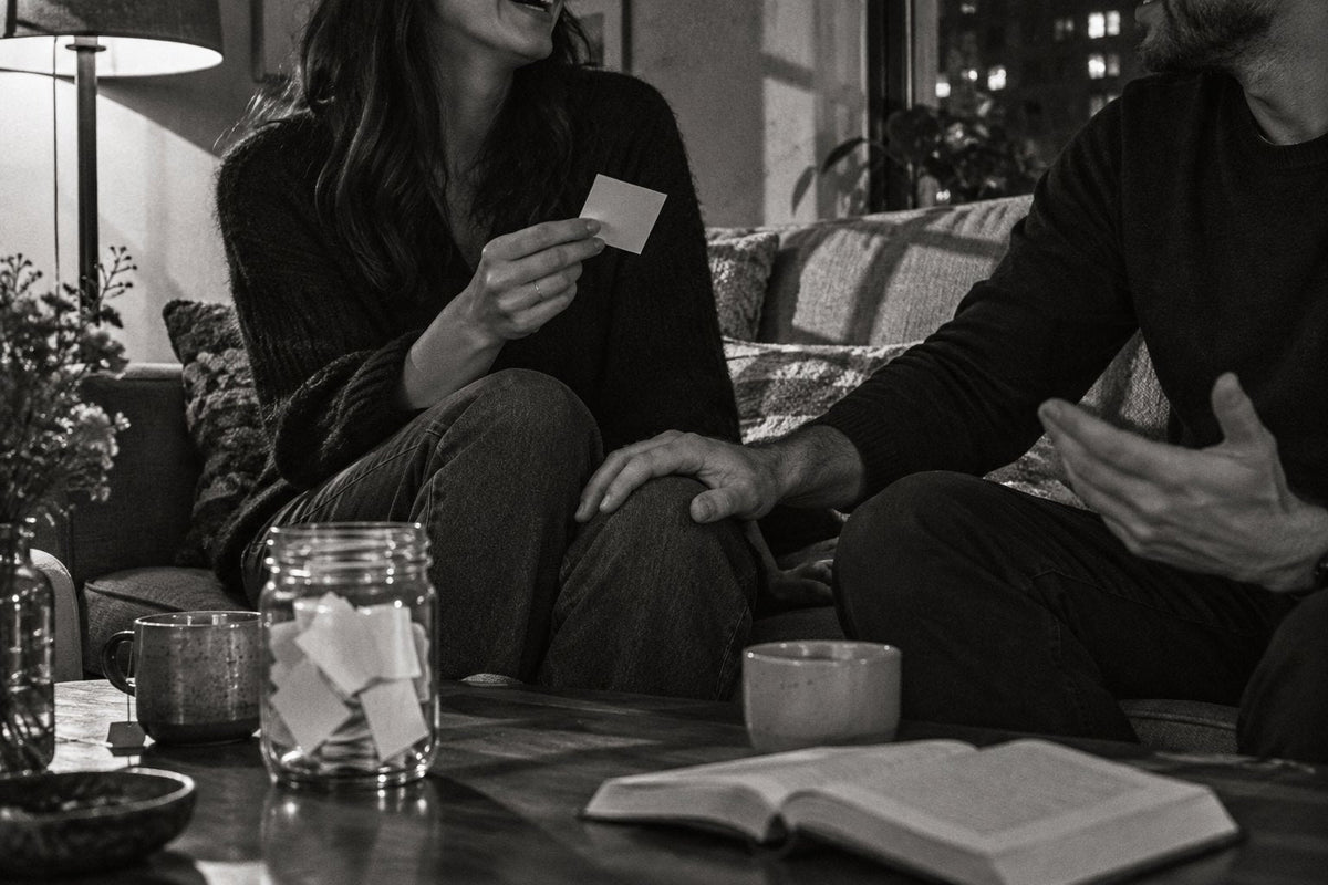 Questions pour couple : en noir et blanc, un couple sur un canapé, une carte de question à la main et un bocal de papiers pliés