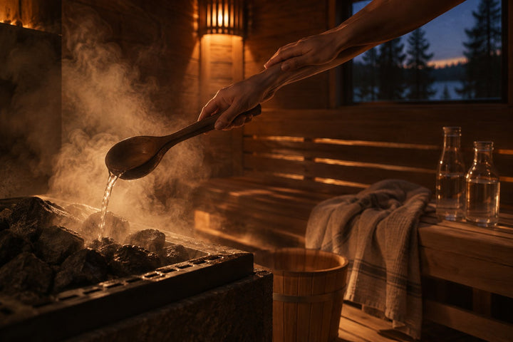 Sauna bienfaits à deux : gros plan sur deux mains versant l'eau sur les pierres chaudes, vapeur dorée dans un sauna en forêt