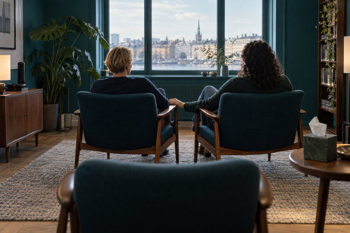 Thérapie de couple : deux partenaires de dos dans des fauteuils face à la fenêtre d'un cabinet bleu canard