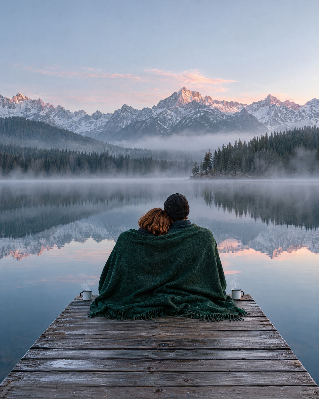 Week-end en amoureux : couple enlacé sous une couverture au bout d'un ponton, face à un lac de montagne à l'aube
